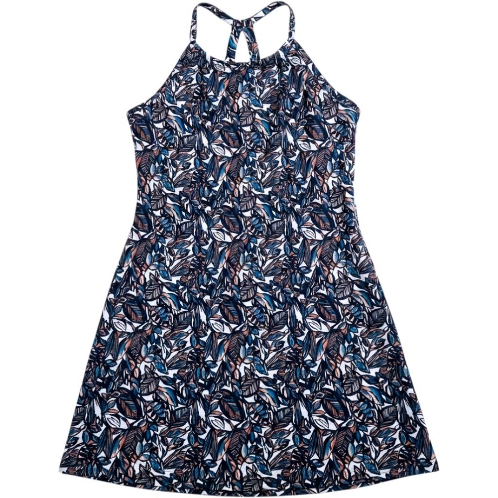 Peace & Pearls Halter Swing Dress L Tropical Leaf Navy Blue Orange Resort Boho